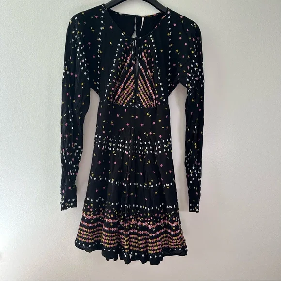 Free People Coryn Mini Dress Black Printed Open Back Long Sleeve Size 2 - Picture 10 of 15